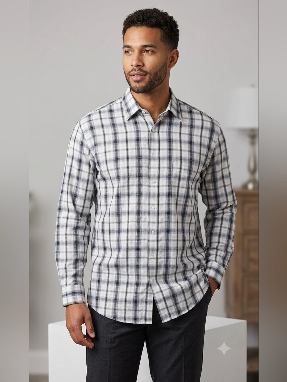 After Dark Men's White and Gray Plaid Button-Up Shirt